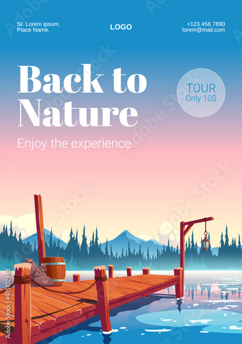 Wooden pier on river or lake with forest and mountains on horizon. Rest at nature, travel tour poster. Vector flyer with cartoon landscape of sea with wharf for fishing at dawn or sunset