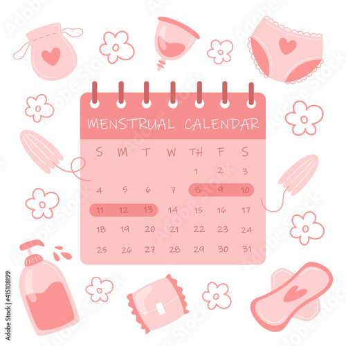 Menstrual cycle calendar and feminine hygiene items in flat style