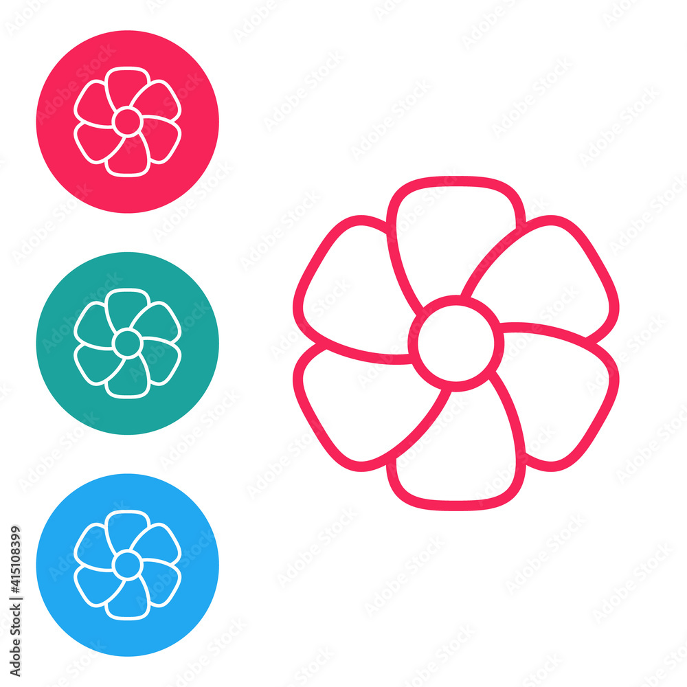 Red line Flower icon isolated on white background. Set icons in circle buttons. Vector. Red line Flower icon isolated on white background. Set icons in circle buttons. Vector.