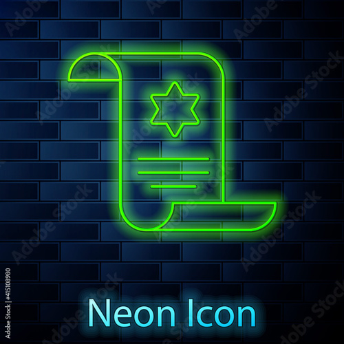 Glowing neon line Torah scroll icon isolated on brick wall background. Jewish Torah in expanded form. Star of David symbol. Old parchment scroll. Vector.