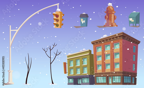 City buildings and stuff, traffic lights, street litter bin, hydrant and bare trees, falling snow. Urban two-storied houses, megapolis architecture, Cartoon vector illustration, isolated icons set.