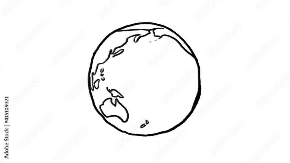 Black and white, hand drawn, spinning planet Earth