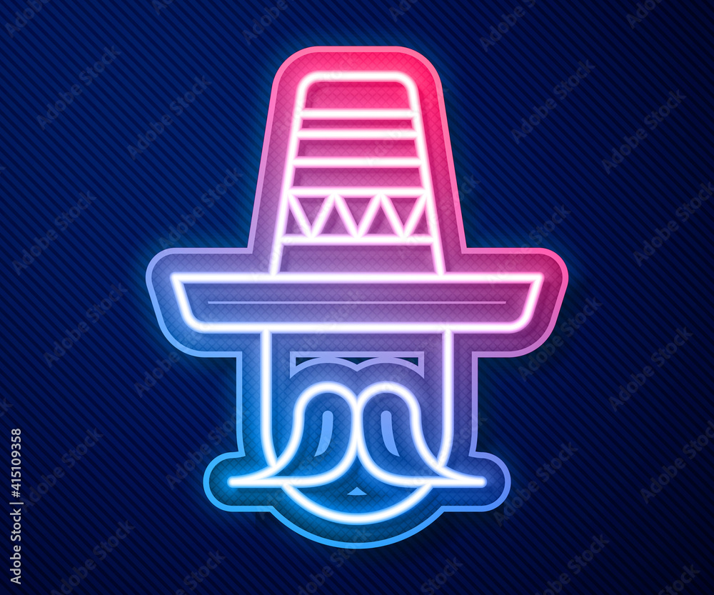 Glowing neon line Mexican man wearing sombrero icon isolated on blue background. Hispanic man with a mustache. Vector. Glowing neon line Mexican man wearing sombrero icon isolated on blue background. Hispanic man with a mustache. Vector.