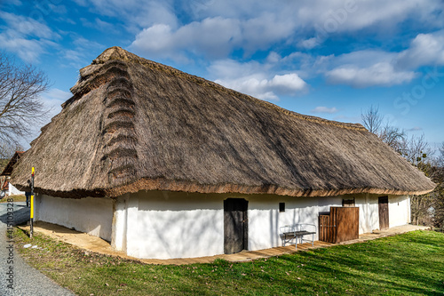 Thatched roof  of a wine press house in Heiligenbrunn in Burgenland. This Wine Cellar Alley is one of the most beautiful Kellergasse in Burgenland and Austria. 13.02.2021