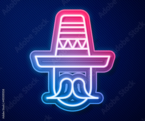 Glowing neon line Mexican man wearing sombrero icon isolated on blue background. Hispanic man with a mustache. Vector.