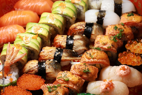 Mixed sushi roll and sashimi platter. Party Platters.