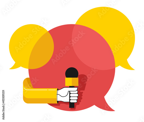 Hand holding microphone, Media interview, bubble