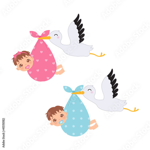 Cute baby boy and girl carried by a stork. Baby shower decoration clip art. Flat vector cartoon design