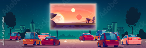 Outdoor cinema, drive-in movie theater with cars on open air parking. Vector cartoon summer night city with fantastic film on screen and automobiles. Urban entertainment, film festival