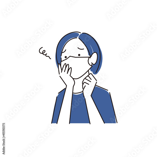 マスクの着用が原因で肌荒れになってしまった女性 シンプル イラスト ベクター