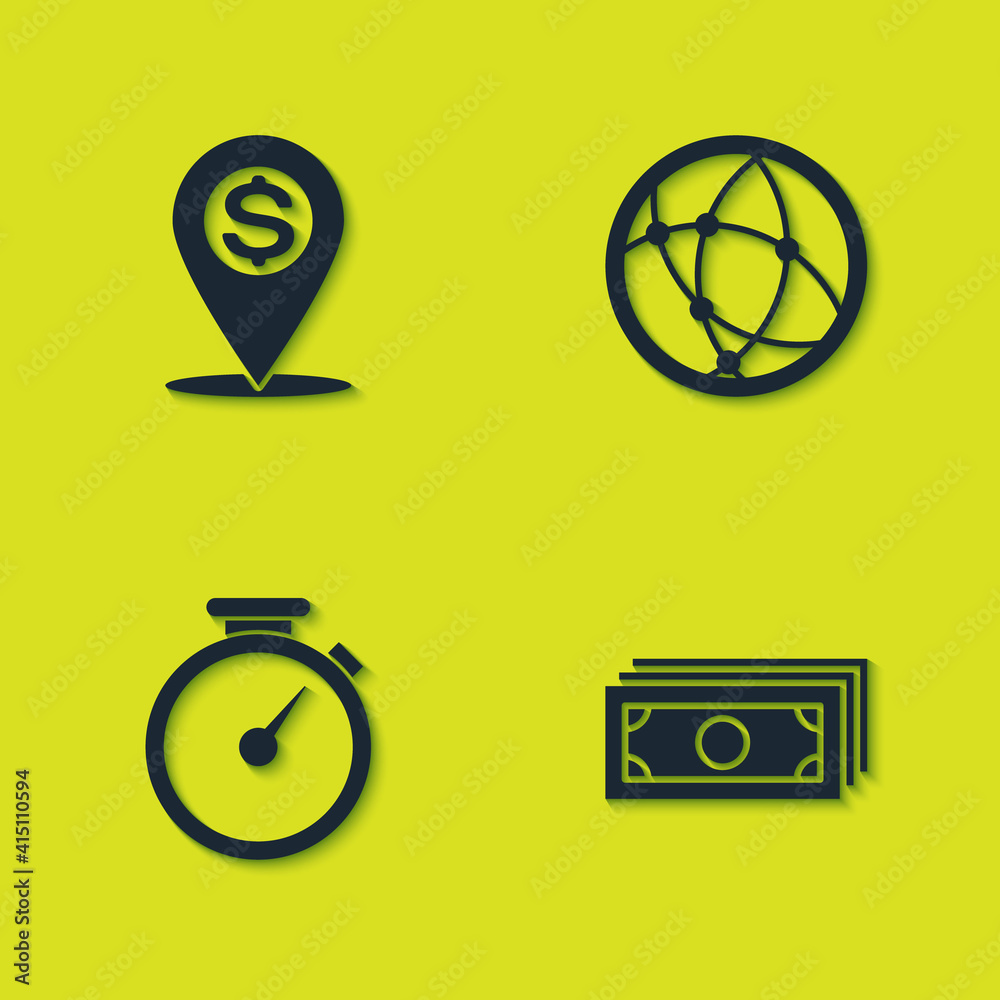 Set Cash location pin, Stacks paper money cash, Stopwatch and Social network icon. Vector. Set Cash location pin, Stacks paper money cash, Stopwatch and Social network icon. Vector.