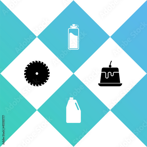 Set Circular saw blade, Household chemicals bottle, Sport with water and Pudding custard icon. Vector.