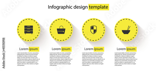 Set Furniture nightstand, Handbag, Shield and Bowl with chopsticks. Business infographic template. Vector.