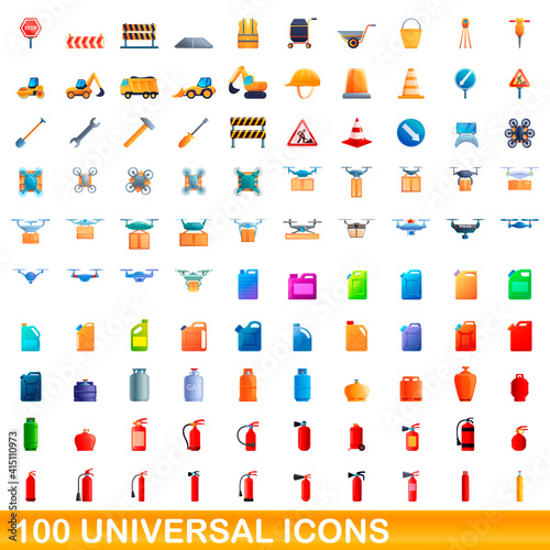 100 universal icons set. Cartoon illustration of 100 universal icons vector set isolated on white background