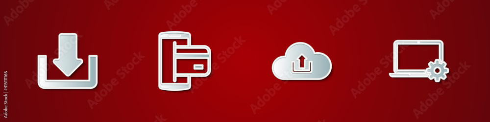 Set Download, NFC Payment, Cloud upload and Laptop and gear icon. Vector. Set Download, NFC Payment, Cloud upload and Laptop and gear icon. Vector.