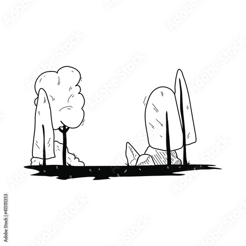 illustration of a forest glade in the style of a doodle, for the design of various design projects