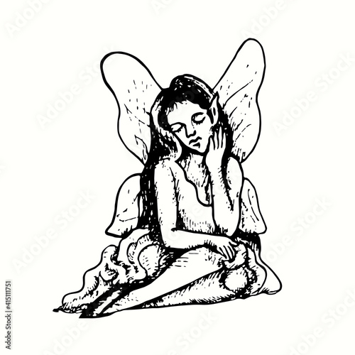 Beautiful fairy sitting and dreaming isolated. Ink black and white doodle drawing in woodcut outline style. Vector illustration
