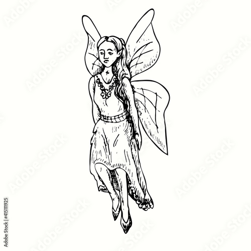 Beautiful fairy flying isolated. Ink black and white doodle drawing in woodcut outline style. Vector illustration