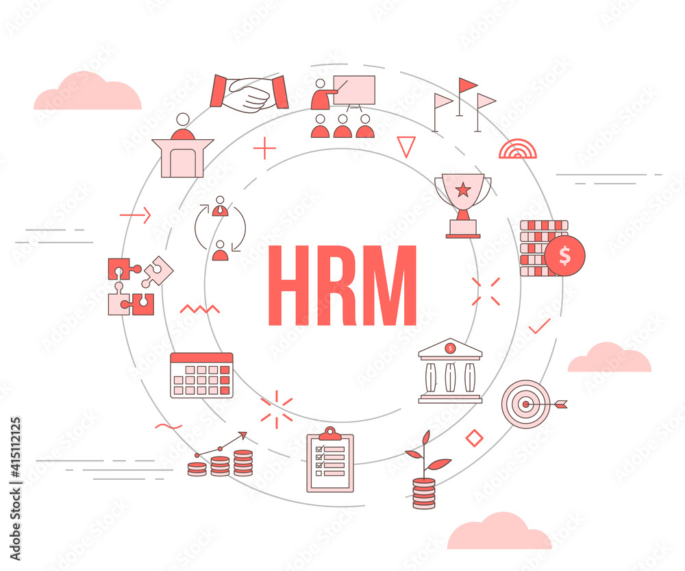 hrm human resource management concept with icon set template banner with modern orange color style and circle round shape