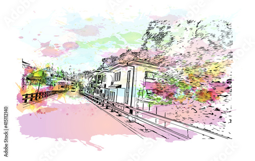 Building view with landmark of Bursa is a city in northwestern Turkey. Watercolour splash with hand drawn sketch illustration in vector.