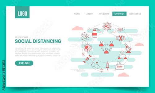 social distancing concept with circle icon for website template or landing page banner homepage outline style