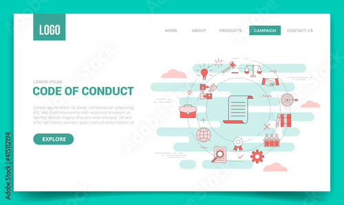 code of conduct concept with circle icon for website template or landing page banner homepage outline style