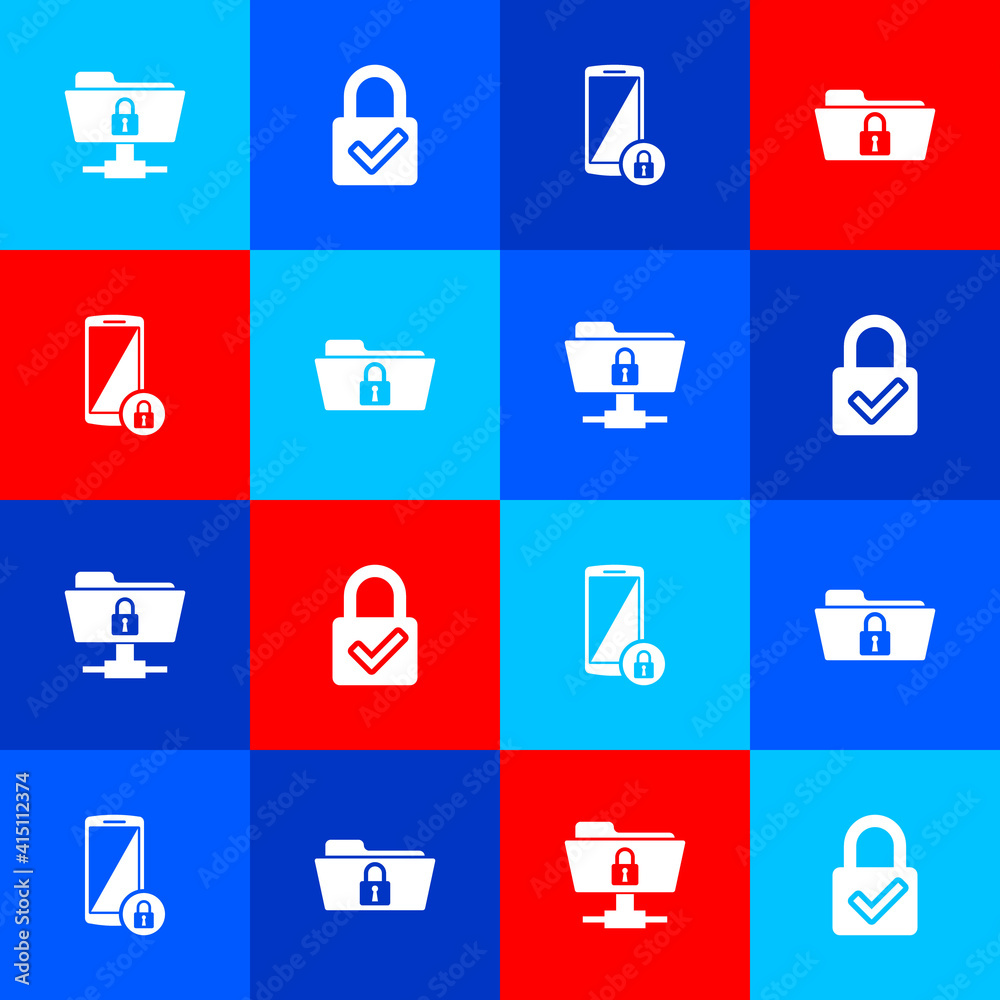 Set FTP folder and lock, Lock check mark, Smartphone with and Folder icon. Vector.