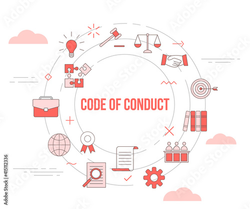 code of conduct concept with icon set template banner with modern orange color style and circle round shape photo