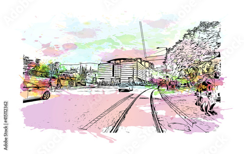 Building view with landmark of Bursa is a city in northwestern Turkey. Watercolour splash with hand drawn sketch illustration in vector.