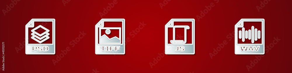 Set PSD file document, TIFF, JS and WAV icon. Vector.