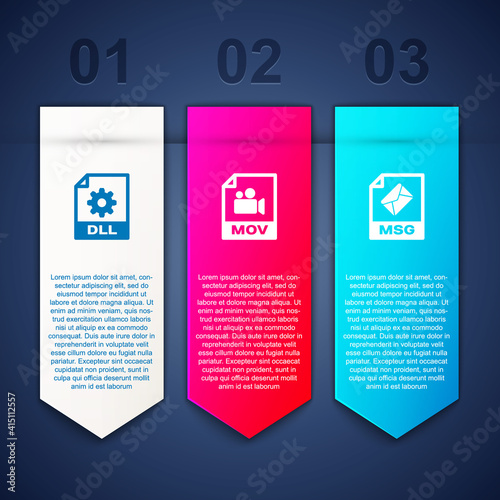 Set DLL file document, MOV and MSG. Business infographic template. Vector.