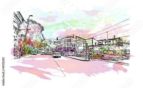 Building view with landmark of Bursa is a city in northwestern Turkey. Watercolour splash with hand drawn sketch illustration in vector.