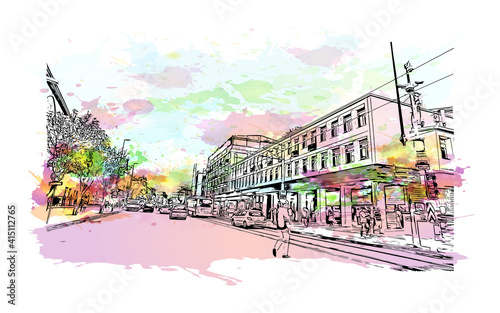 Building view with landmark of Bursa is a city in northwestern Turkey. Watercolour splash with hand drawn sketch illustration in vector.