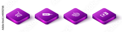 Set Isometric Shopping cart, Price tag with New, globe and Mobile and shopping icon. Vector.
