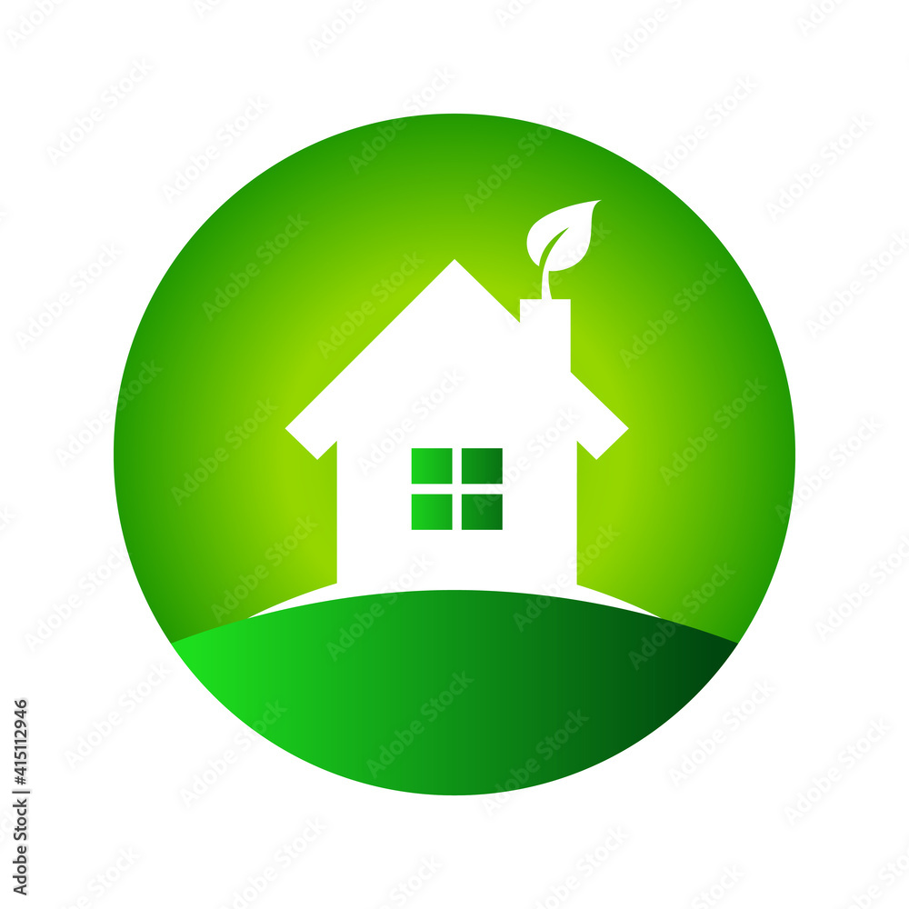 House logo or icon concept with home as residential building and leaf growing out of its chimney House logo or icon concept with home as residential building and leaf growing out of its chimney