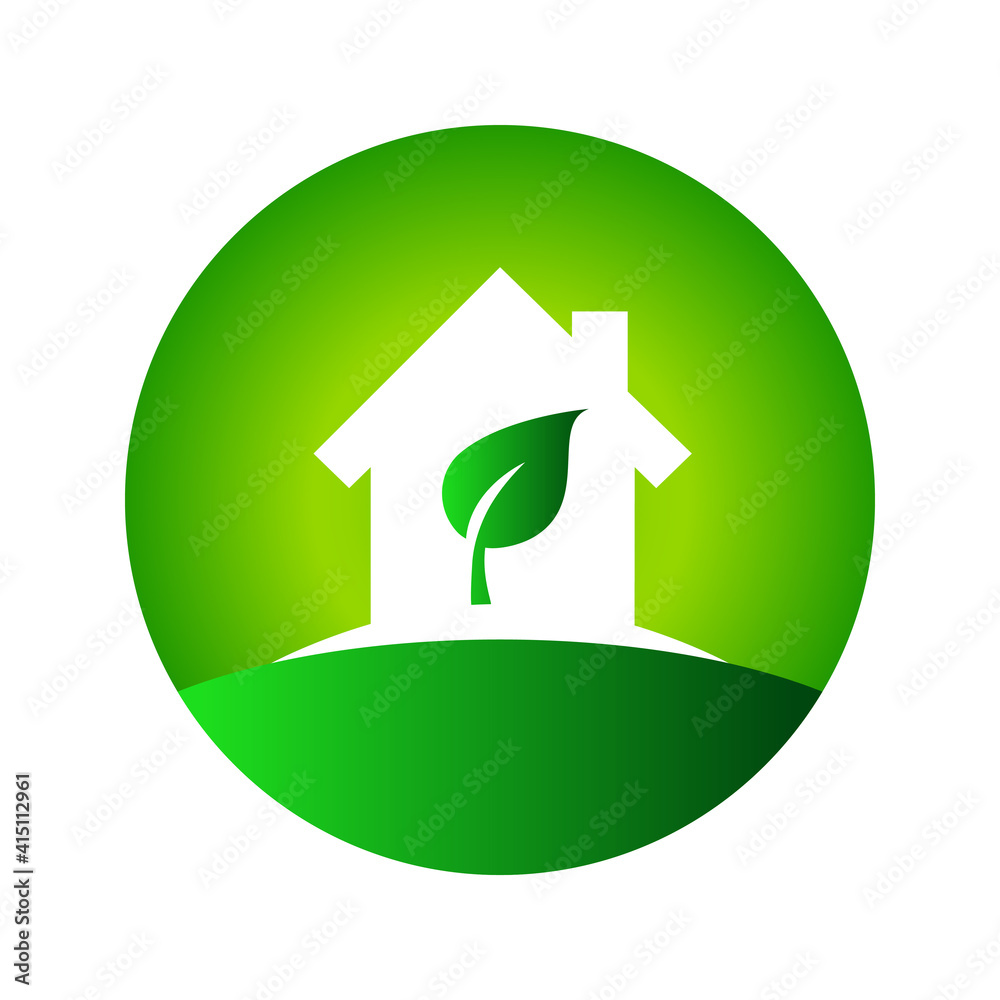 House logo or icon concept with home and leaf inside, gradient green colors, circle shape, isolated on white background