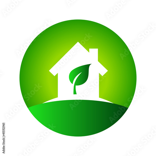 House logo or icon concept with home and leaf inside, gradient green colors, circle shape, isolated on white background