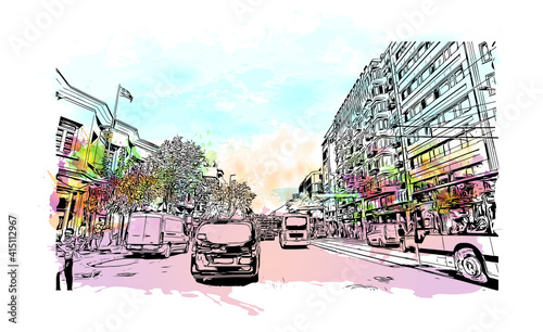 Building view with landmark of Bursa is a city in northwestern Turkey. Watercolour splash with hand drawn sketch illustration in vector.