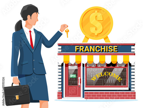 Franchise business for sale. Franchising shop building or commercial property. Real estate business promotional, sme startup crowdfunding. Selling buying new business. Flat vector illustration