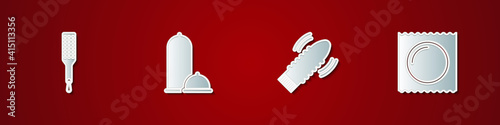 Set Spanking paddle, Condoms safe sex, Dildo vibrator for games and package icon. Vector.