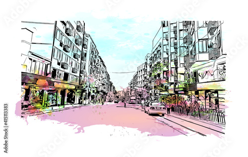 Building view with landmark of Bursa is a city in northwestern Turkey. Watercolour splash with hand drawn sketch illustration in vector.