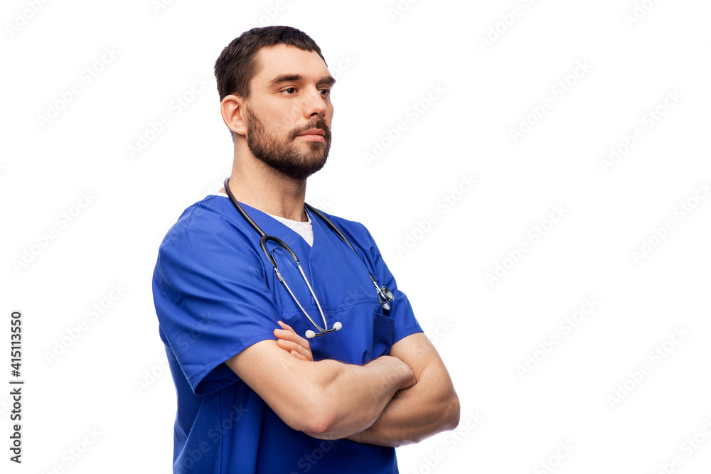 healthcare, profession and medicine concept - doctor or male nurse in blue uniform with stethoscope over white background healthcare, profession and medicine concept - doctor or male nurse in blue uniform with stethoscope over white background