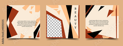 Vector template for social media networks. Square postcards in black, terracotta, beige with geometric shapes. Place for text