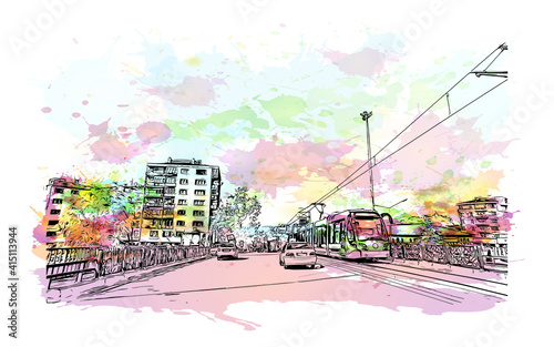 Building view with landmark of Bursa is a city in northwestern Turkey. Watercolour splash with hand drawn sketch illustration in vector.