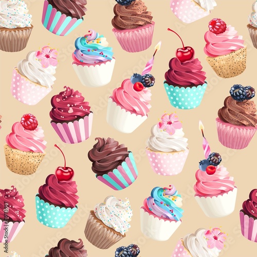 Seamless vector pattern with pastel pink cupcakes