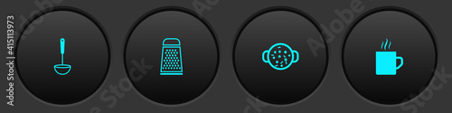 Set Kitchen ladle, Grater, Cooking soup in pot and Coffee cup icon. Vector.