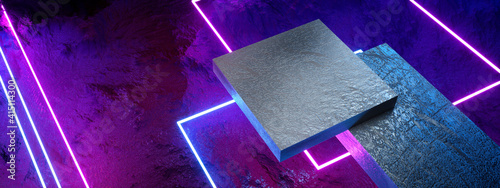 Dark abstract background with metal catwalk and neon square frames and lines on stone texture background.