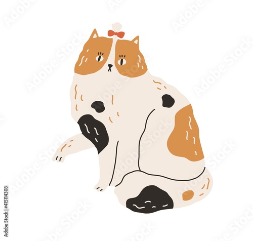 Cute and funny spotty cat with bow on head and raised paw. Big kitty with bla...
