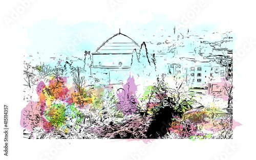 Building view with landmark of Bursa is a city in northwestern Turkey. Watercolour splash with hand drawn sketch illustration in vector.