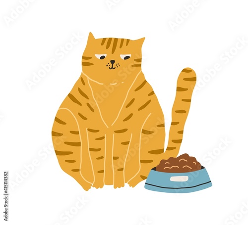 Cute hungry cat looking at bowl with food isolated on white background. Adorable big fat ginger kitty sitting near its feeder. Hand-drawn colored flat vector illustration in doodle style